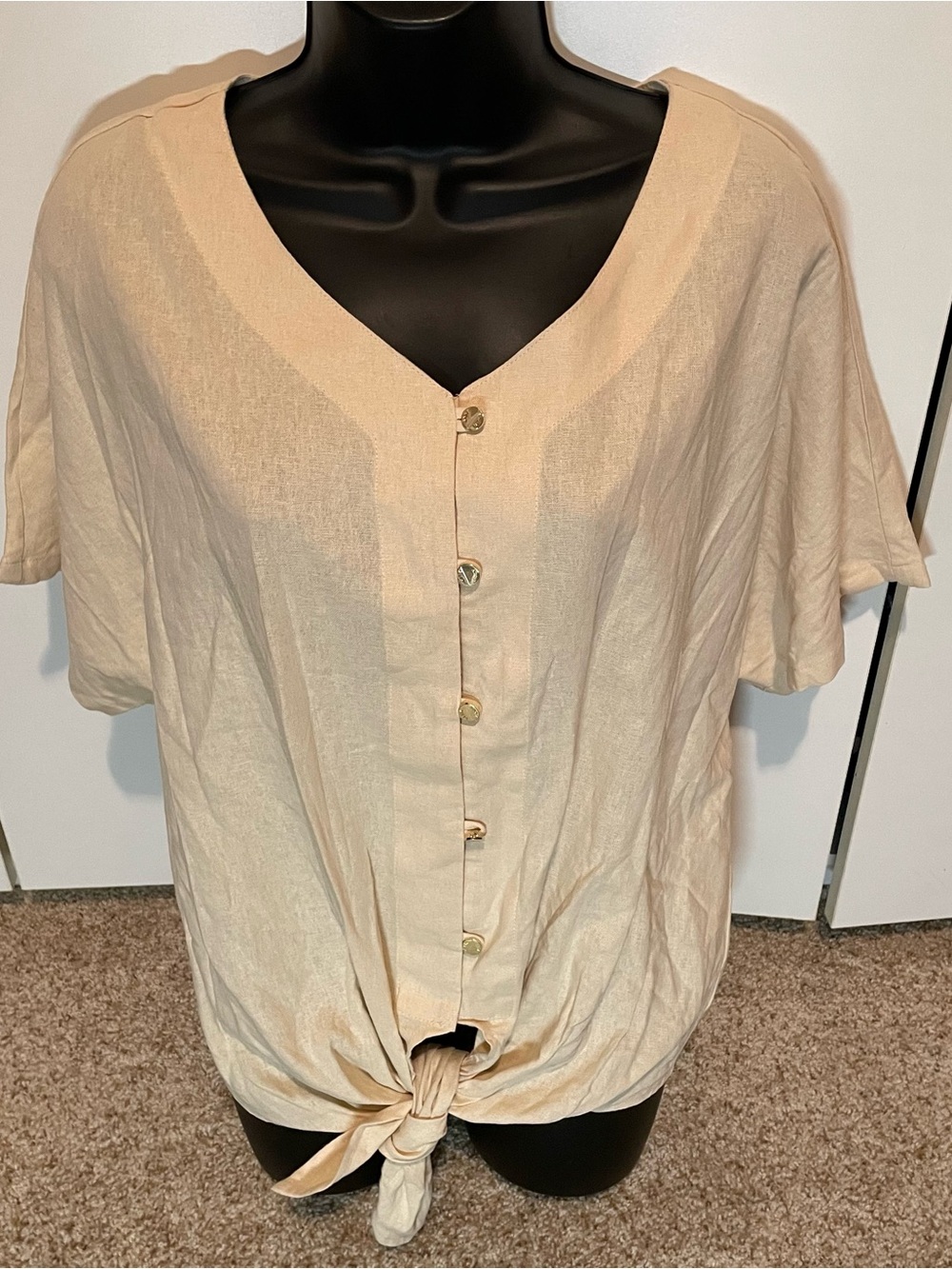 Anne Klein Cream Button-Front Tie-Hem Woven Linen Short Sleeve Top